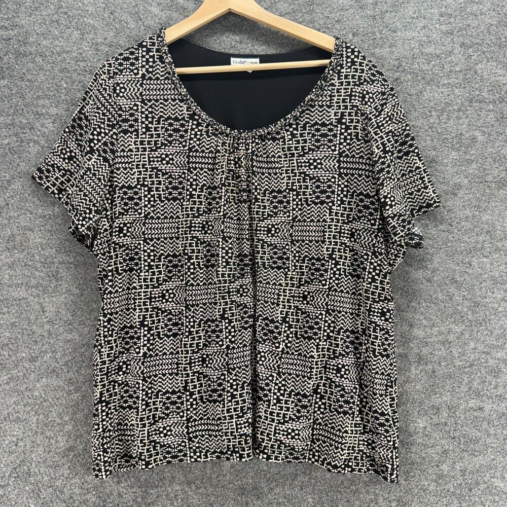 Croft & Barrow Blouse Women 3X Plus Black Geometric Lined Short Sleeve Casual